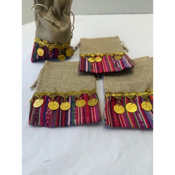 Other - Set of 12 Henna Jute Drawstring‎ Pouches with Decorative Coins and Colorful Trim
